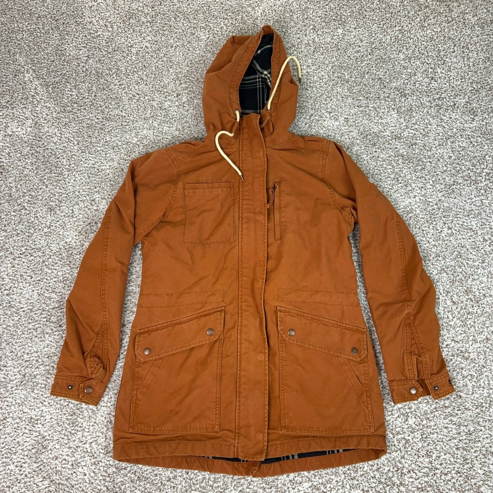 Duluth Trading Co Jacket Womens Small Orange Hooded Canvas Plaid Lined Chore